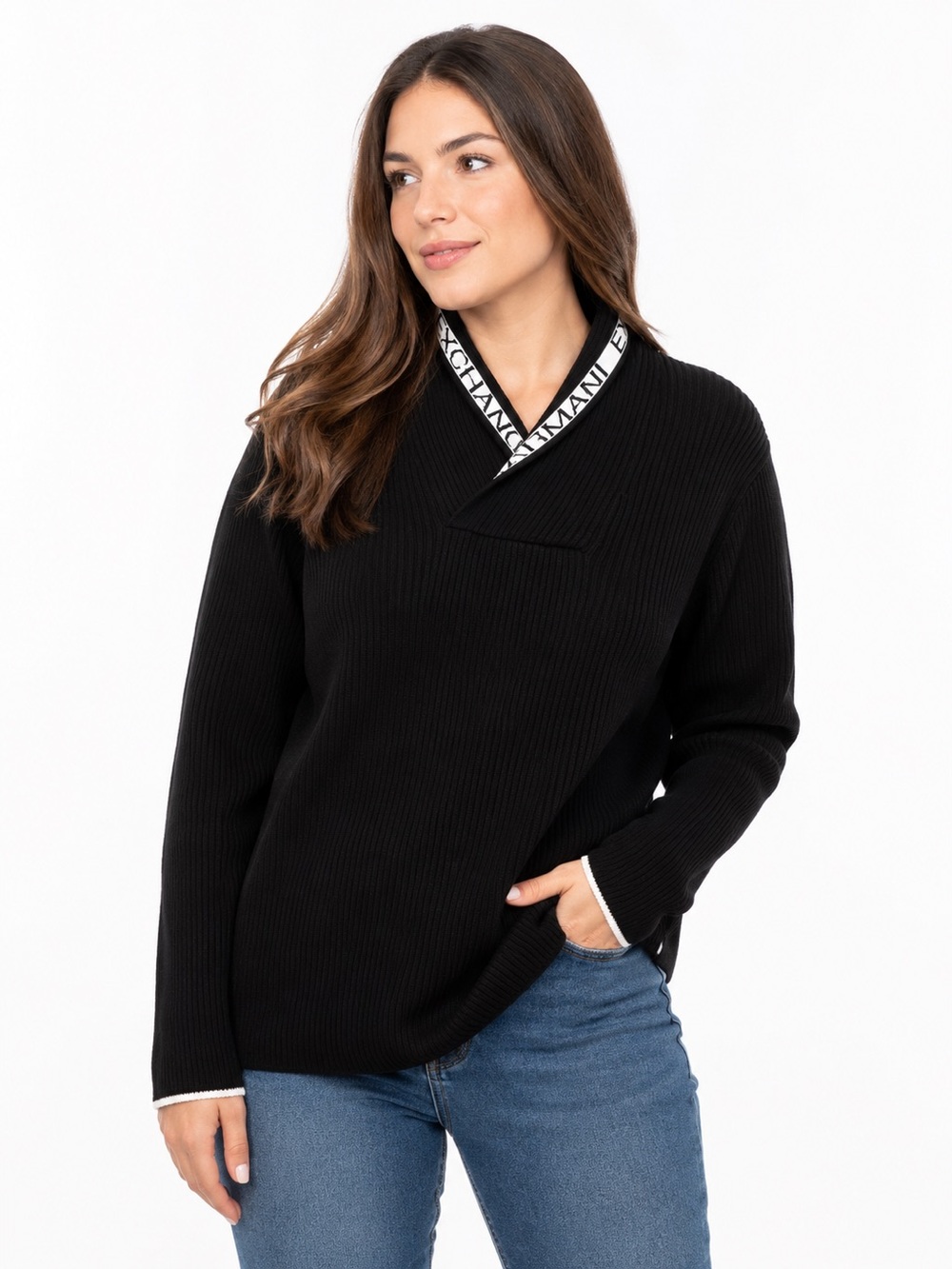 New Armani Exchange 97% cotton women's long black sweater logo collar size L
